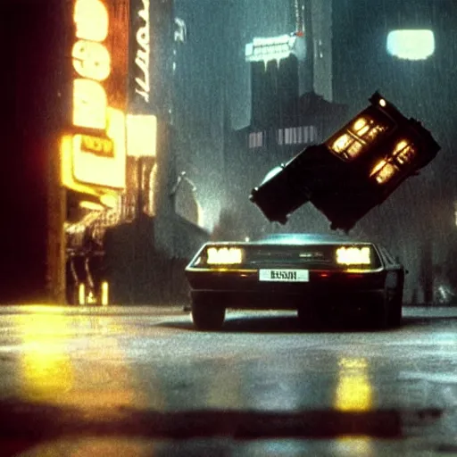 Image similar to cinematic still, blade runner, roger rabbit in a flying delorean, high quality, futuristic