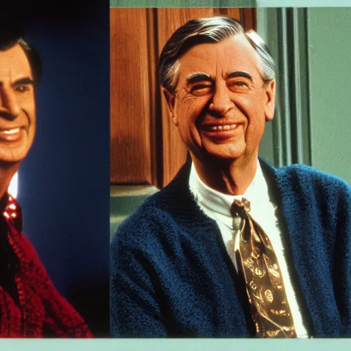 Image similar to Mr. Rogers sitting next to Elvira 8k hdr