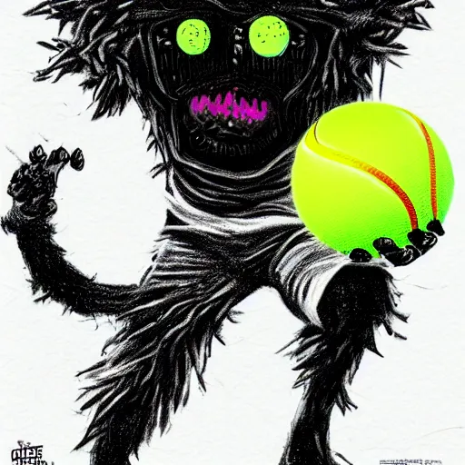 Prompt: a tennis ball monster, tennis ball, dark, chalky, stanger things, digital art, fantasy, magic, trending on artstation, ultra detailed, professional illustration by Basil Gogos