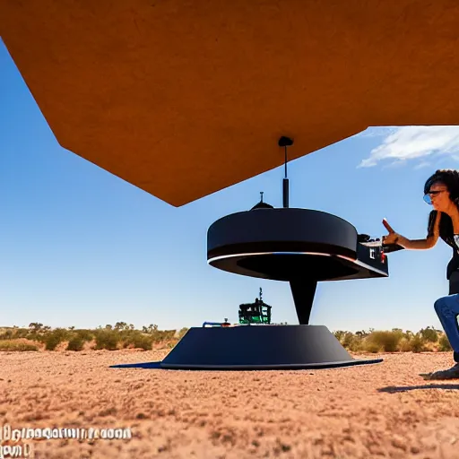 Image similar to flying robotic drone 3d printer printing an earthship house frame in the australian desert, supervised by an asian, caucasian and indian woman, XF IQ4, 150MP, 50mm, F1.4, ISO 200, 1/160s, dawn