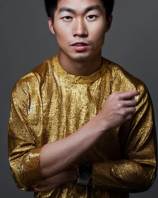 Prompt: hyper realistic photo of an asian male, gold, 8 k, 8 5 mm f 1. 8