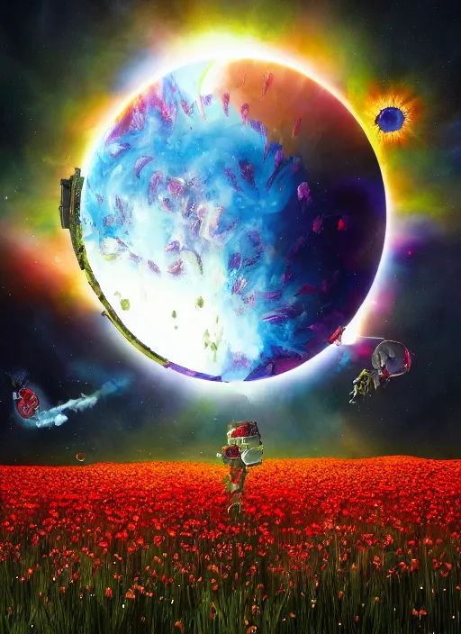 Image similar to An epic fantastic realism comic book style painting of the most beautiful flowers launched into space, bouquets, solar eclipse, fisheye, unreal 5, DAZ, hyperrealistic, octane render, dynamic lighting