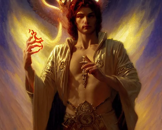 Image similar to attractive male deity, casting demonic magic, summoning handsome lucifer morning star. highly detailed painting by gaston bussiere, craig mullins, j. c. leyendecker 8 k