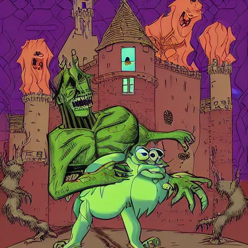 Prompt: The digital art features a group of monsters who live in a castle and have to deal with Frankenstein's monster. by Don Bluth, by Tim Doyle organic