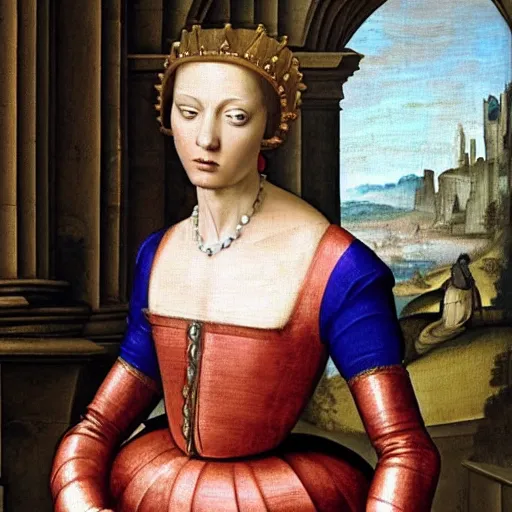 Image similar to Renaissance painting of a royal female cyberpunk using a computer