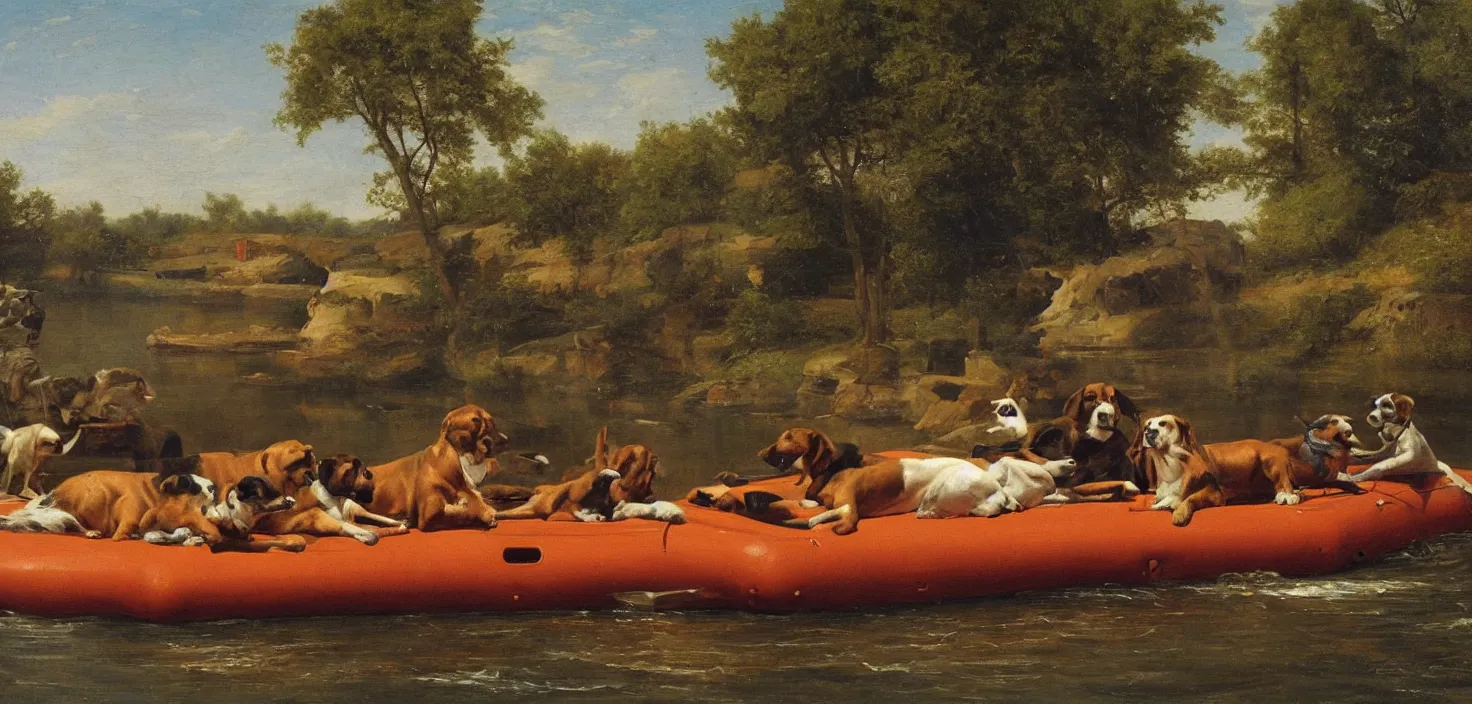 Image similar to mechanical dogs floating on a raft down a river, Hudson River school