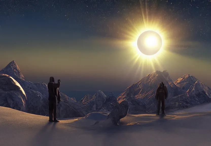 Prompt: fully photorealistic eclipse at sunrise on snowy aurora mountaintop, distant glowing figures, masterpiece composition, art by john collier, albert aublet, artem demura, alphonse mucha, sharper luminescent focus, nd 6, hdr, movie still, cinematic diffuse lighting, artstation, textless, sharp focus