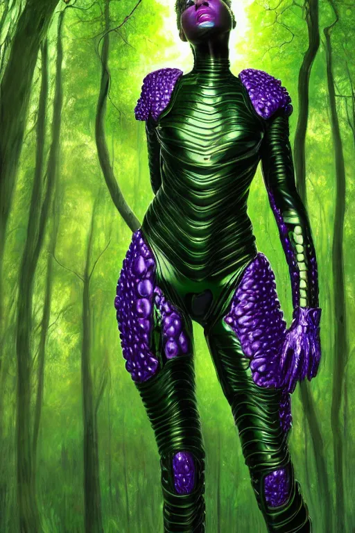 Prompt: hyperrealistic post - raphaelite super expressive! black woman with exoskeleton armor, merging with tree in a forest, highly detailed digital art masterpiece smooth cam de leon eric zener dramatic pearlescent green purple light ground angle hd 8 k sharp focus