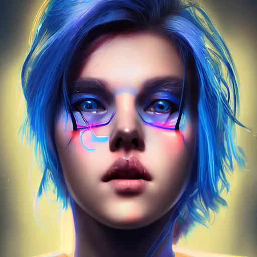 Prompt: a digital painting of a woman with blue hair, cute - fine - face, pretty face, cyberpunk art by sim sa - jeong, cgsociety, synchromism, detailed painting, glowing neon, digital illustration, realistic shaded perfect face, extremely fine details, by realistic shaded lighting, dynamic background, poster