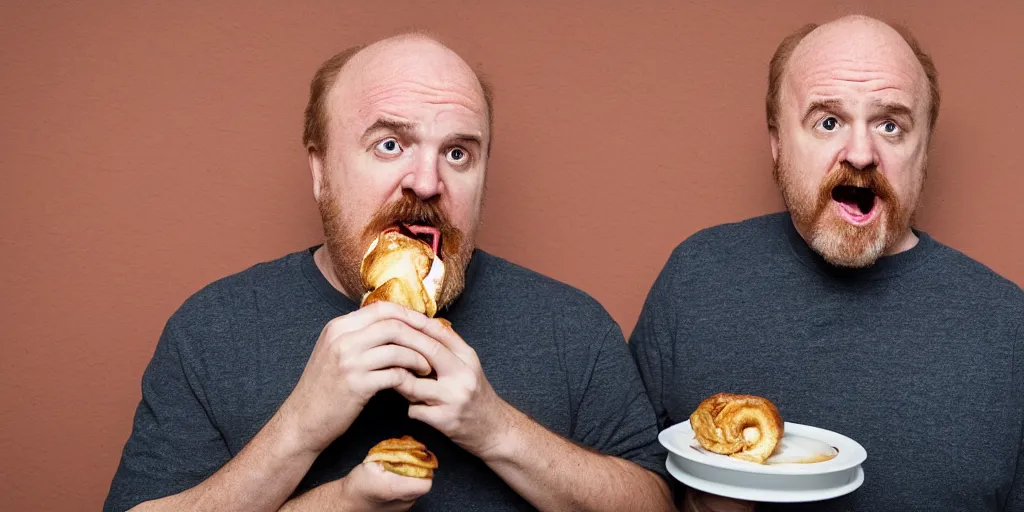 Image similar to louis c k eating a cinnamon roll, xf iq 4, f / 1. 4, iso 2 0 0, 1 / 1 6 0 s, 8 k, raw, unedited, symmetrical balance, in - frame, sharpened