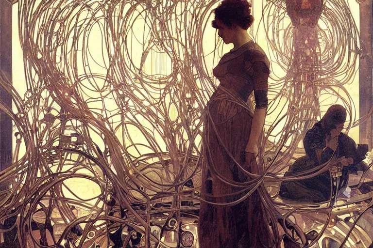 Prompt: symmetric, neuroscientists holding a brain and neurons in her hands, in a room full of wires and computers and neural networks, sci - fi, 4 k realistic, artem demura. alphonse mucha.