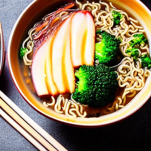 Prompt: a steaming bowl of ramen with weird ingredients, like toothpaste, broccoli and turnips. Food photography, bokeh