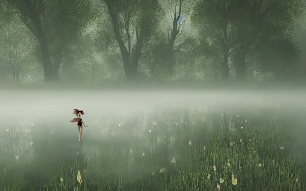 Prompt: gorgeous fairy looking into an aethereal pond in a gloomy meadow covered by fog, photorealistic, 8K rendered with octane