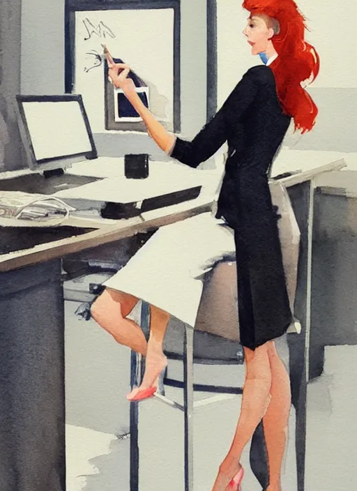 Image similar to concept art of a modern office life, business woman, pinterest, artstation trending, behance, watercolor, by coby whitmore, silver, laser light,