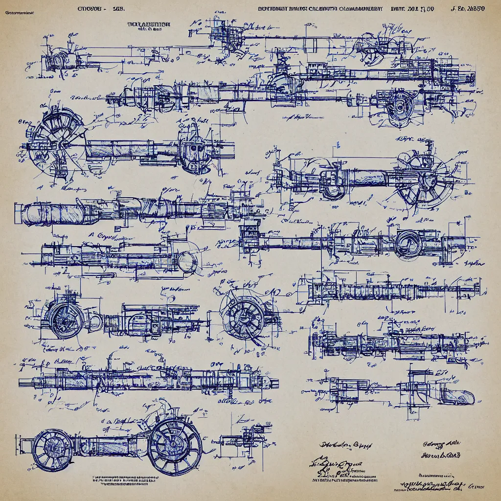 Image similar to detailed blueprint scheme of an artillery cannon, patented in 2039