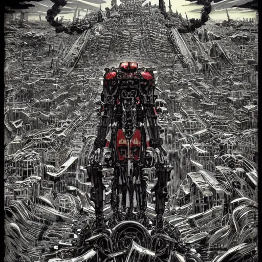 Image similar to mecha from hell, wind, hell machine, by nekro godmachine victo ngai yoji shinkawa junji ito shintaro kago apophasis hyperrealism, ominous, dark powers, incredible, huge, cityscape destruction,