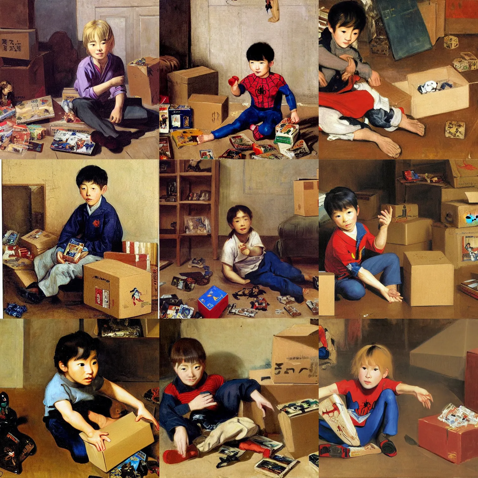 Prompt: A young Korean boy with long blond hair sitting on the floor, surrounded by open boxes from Amazon , and playing with a Spiderman action figure, oil painting by Eugène Delacroix