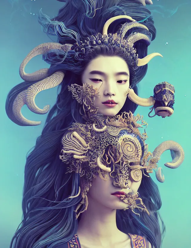 Image similar to 3 d slvic goddess half - turn portrait with long hair with ram skull. beautiful intricately detailed japanese crow kitsune mask and clasical japanese kimono. betta fish, jellyfish phoenix, bio luminescent, plasma, ice, water, wind, creature, artwork by tooth wu and wlop and beeple and greg rutkowski