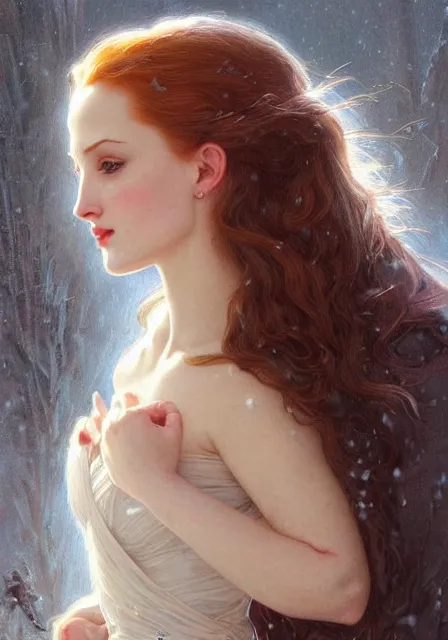 Image similar to sansa angeline jolie gessica chastain cold frozen snow ice winter, intricate, elegant, highly detailed, digital painting, artstation, concept art, smooth, sharp focus, illustration, art by artgerm and greg rutkowski and alphonse mucha and william - adolphe bouguereau