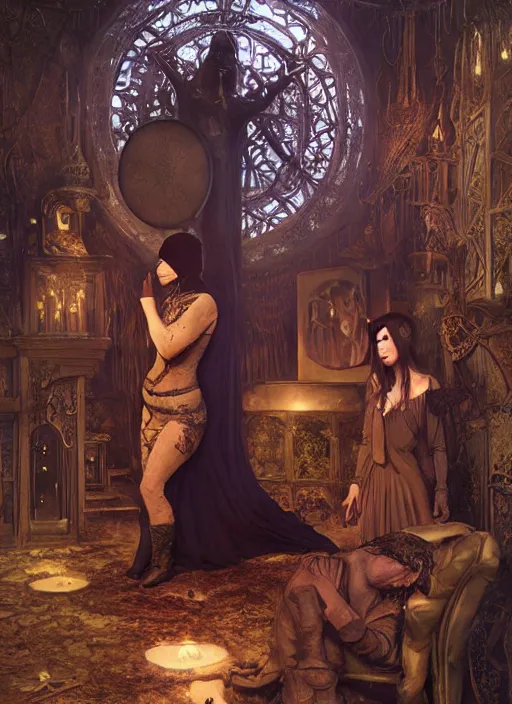 Image similar to mindcontrol inside covens den, intricate wiccan scene detailing, textless, masked wiccan photorealistic figures, hyperdetailed, photorealistic, diffuse lighting, hdrp, artstation, unreal 5, smooth, sharp focus, art by john collier, albert aublet, krenz cushart, artem demura, alphonse mucha