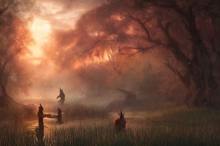 Image similar to fantasy painting, dungeons and dragons, a faerie village, swamp reeds wetland marsh sunset with ominous shadows, a bunny by jessica rossier and brian froud cinematic painting