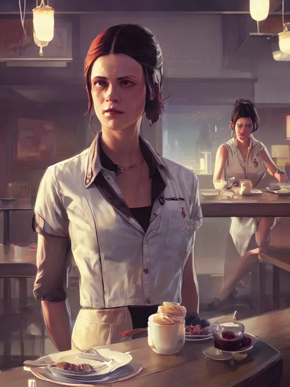 Image similar to portrait of a young female waitress from grand theft auto 5, art by ryo shiotani and greg rutkowski, intricate, beautiful, cute, cinematic lighting, vintage art by serge ivanoff, high resolution, very detailed