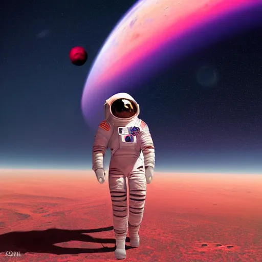 Image similar to a wide angle shot from below of a female astronaut with an athletic feminine body walking with swagger towards camera on mars in an infinite universe, synthwave digital art