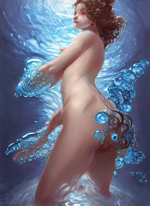 Image similar to a cute water elemental, with hands and hair turning into water, fantasy, intricate, elegant, highly detailed, digital painting, artstation, concept art, wallpaper, smooth, sharp focus, illustration, art by artgerm and greg rutkowski and alphonse mucha