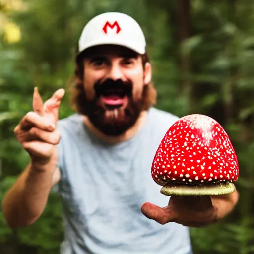 Image similar to photo of real life mario finding a giant amanita muscaria, exhilarated, portrait, closeup. mouth open, 3 0 mm, bokeh