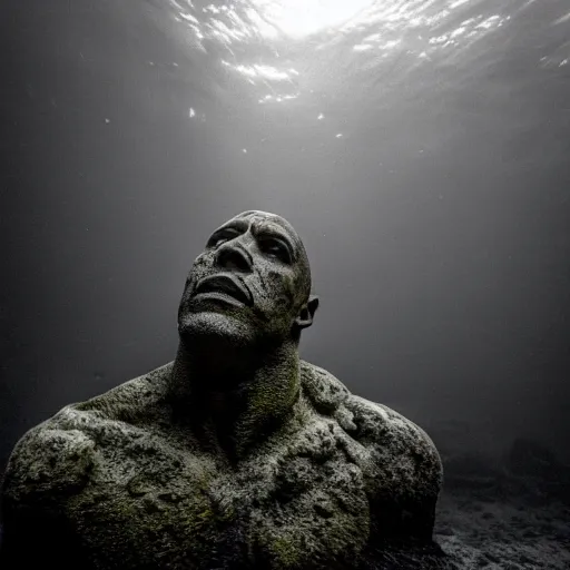 Image similar to Award-winning photograph by Mar Mann. The photo depicts a decaying roman bust of Dwayne Johnson overgrown with moss at the bottom of the sea in the middle of ruins of civilization. Minimalism, high definition, perfect composition. Deep sea picture. Very dark. Volumetric Lighting. Fish. Darkness. Ruins