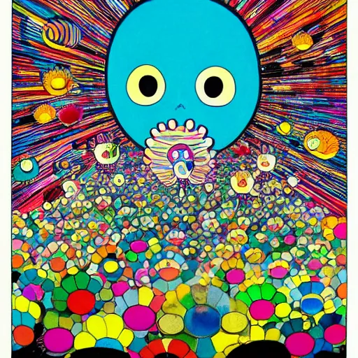 Prompt: a painting of a person standing on top of a hill, an album cover by takashi murakami, pixiv contest winner, psychedelic art, concert poster, poster art, official art