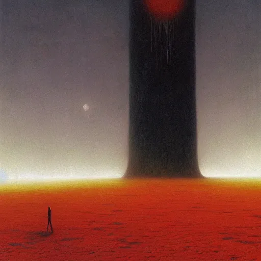 Prompt: The end of the world | a giant standing over the earth | Masterpiece Art by beksinski | Matte painting | Oil on canvas | Digital art | Fantastic and Ominous lighting with red and yellow gradient | Immensity | Romantic art