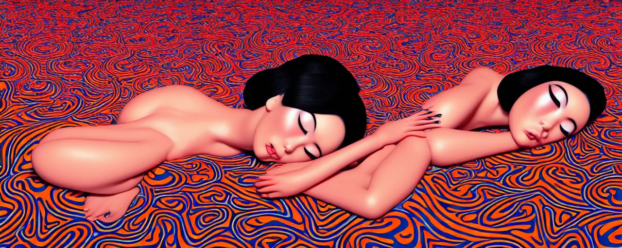 Image similar to realistic detailed image of a geisha laying down in a padded room, conjuring psychedelic background, part by yayoi kusama, part by alex gray, part by ross tran, part by james jean, ultra realistic, highly detailed, life like face, detailed body, 8 k, octane render, trending on artstation, very cohesive, masterpiece