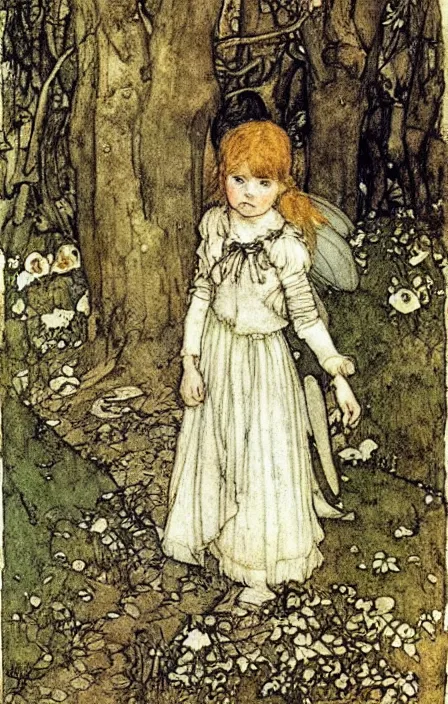 Prompt: little girl in the fairy woods by carl larsson, arthur rackham