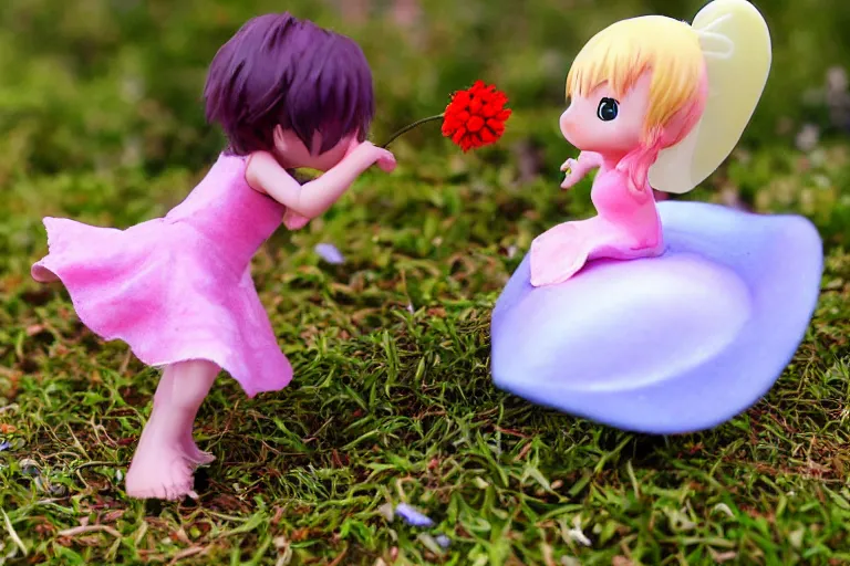 Image similar to (very small anime Tinkerbell) kissing a big flower, hyper realism, macro shot