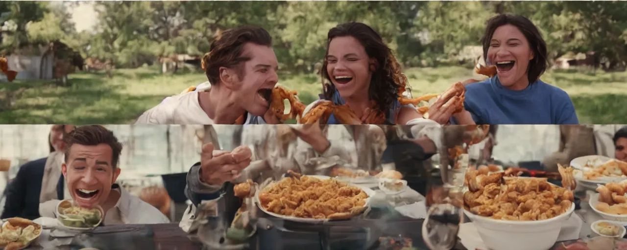 Image similar to a cinematic shot in daylight exterior wide shot of a couple of friends happy and smiling while eating church's chicken in dynamic poses, commercial ad, directed by autumn durald, complementary color scheme clothe, roger deakins lighting, shot in imax 7 0 mm, three point perspective 4 0 mm anamorphic lens