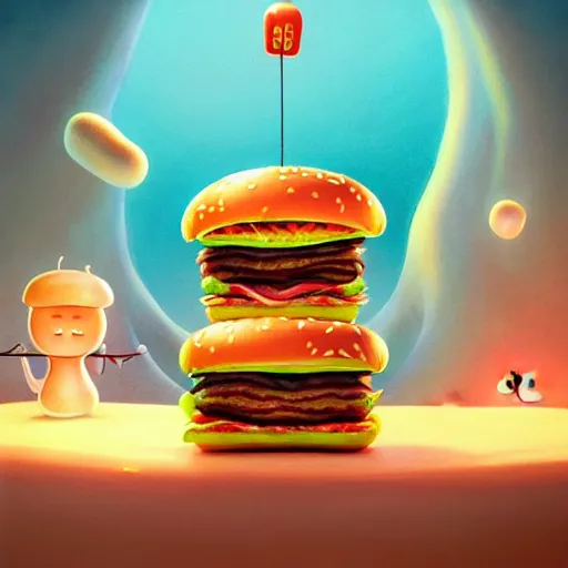 Prompt: a surreal Bioluminescent, very very very cute Hamburger in a happy world, extra onions and ketchup, luscious patty with sesame seeds, art by Daniel Merriam, Trending on Artstation, oil on Canvas by Elena Zhurikhina and Goro Fujita and Charlie Bowater, octane render, 4k, 8k, HD