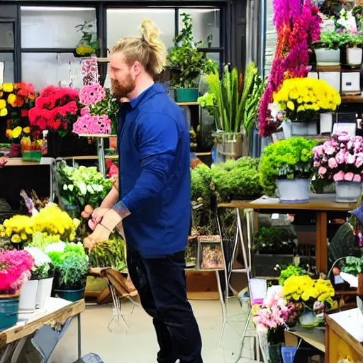 Prompt: photo of thor working in a flower shop