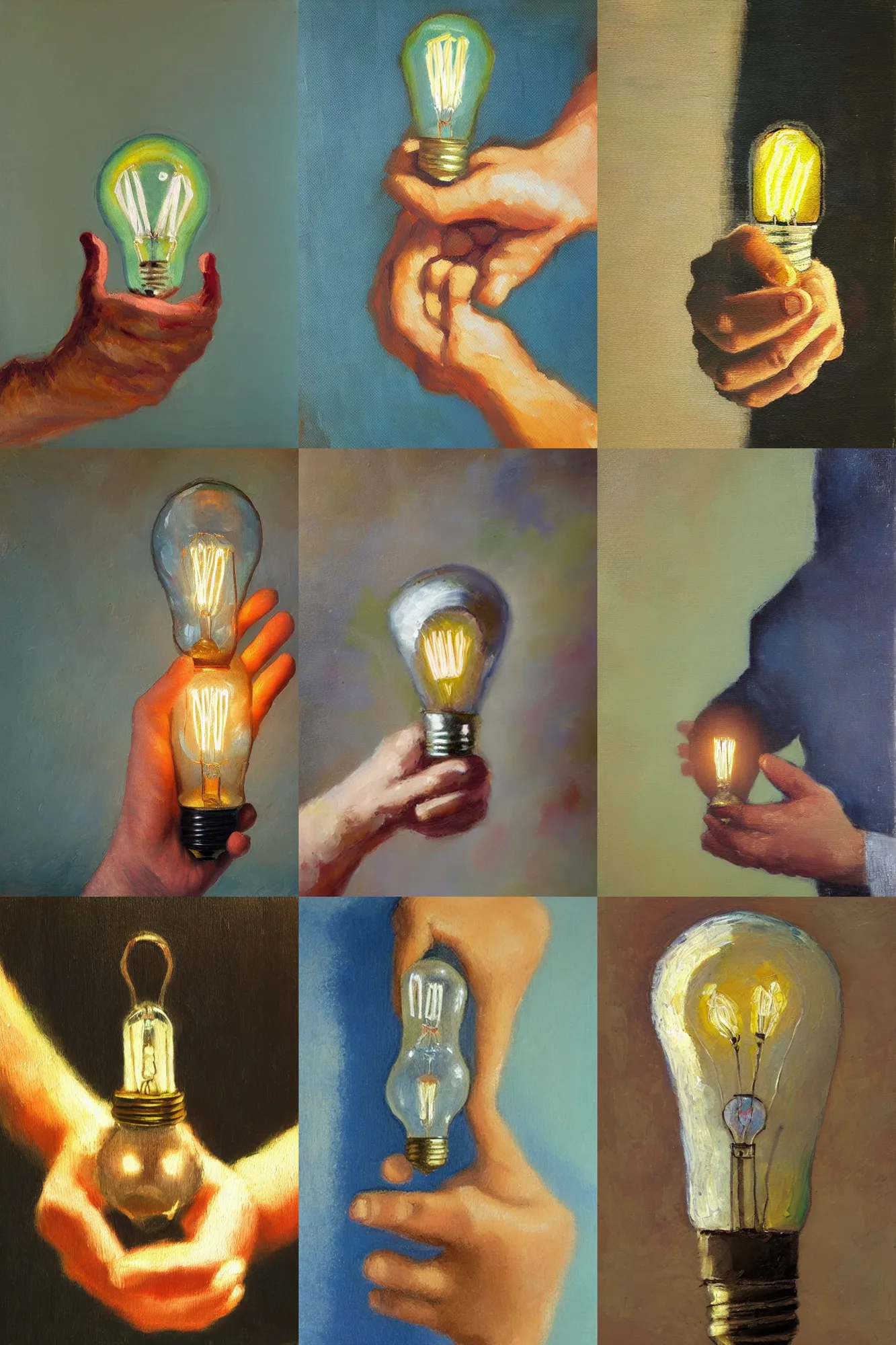 Prompt: An impressionist oil painting of a hand holding a broken lightbulb