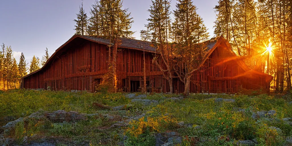 Prompt: large modern longhouse of chief seattle, cedar, warm, golden light, Washington state