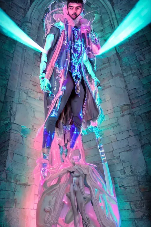 Prompt: photo of full-body rococo and cyberpunk delicate neon crystalline sculpture of ((handsome muscular onyx prince Zayn Malik)) as an blue iridescent humanoid deity wearing ((peach plastic hooded cloak)) (holding an onyx skull) in a onyx castle dungeon, reclining, glowing pink face, crown of (pink lasers), large blue diamonds, swirling black silk fabric. futuristic elements. oozing glowing liquid, full-length view. space robots. intricate artwork by caravaggio. Trending on artstation, octane render, cinematic lighting from the right, hyper realism, photorealistic, octane render, 8k, depth of field, 3D