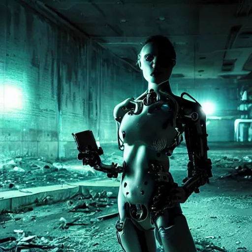 Prompt: stunning, breathtaking, awe-inspiring award-winning photo of an attractive biomorphic female cyborg in a desolate abandoned post-apocalyptic industrial city at night, extremely moody blue lighting, cinematic