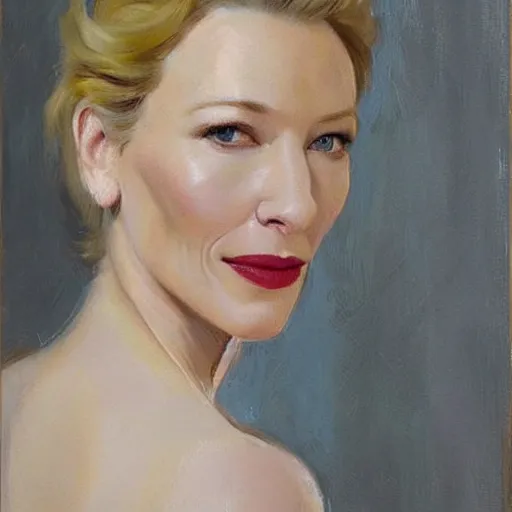 Image similar to cate blanchett in low-cut blouse in front of a mirror, painting by Vladimir Volegov