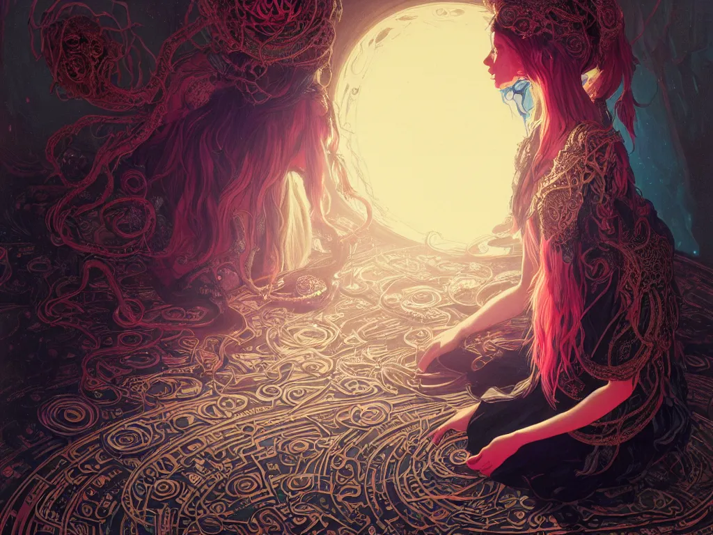 Image similar to high angle picture of a maximalist dress witch sitting on the floor and researching about the azathoth, extremely beautiful and aesthetic and detailed cute face, very huge magic circles on the hand, with familiar sprites, in the magic room, chiaroscuro, intricate, masterpiece, fantasy illustrations by ilya kuvshinov and jeremy lipking and quentin mabille