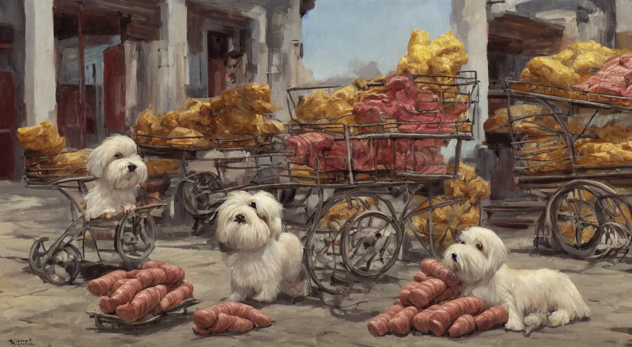 Image similar to a scene of a havanese dog next to a large cart piled high with sausages and ham, a large cream - colored havanese dog looks at the cart, outside a hacienda in cuba, 1 9 0 0, tartakovsky, atey ghailan, goro fujita, studio ghibli, rim light, mid morning lighting, clear focus, very coherent