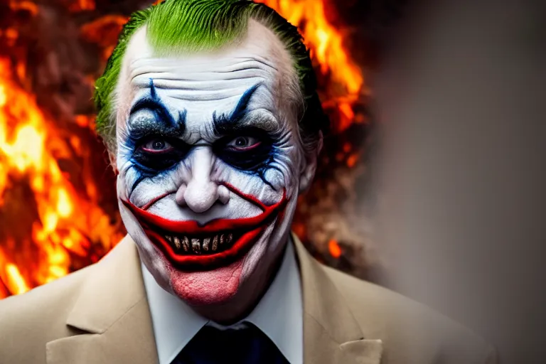 Image similar to donald trump wearing makeup like The Joker, standing in hell surrounded by fire and flames and bones and brimstone, portrait photography, depth of field, bokeh