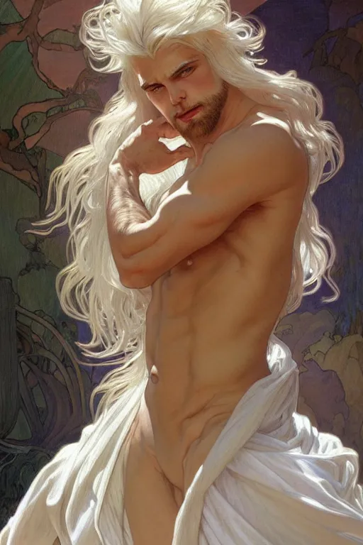 Prompt: painted portrait of god of the universe, divine god, white hair, muscular, invincible, beautiful, upper body, white robe, fantasy, intricate, elegant, highly detailed, digital painting, artstation, concept art, smooth, sharp focus, illustration, art by gaston bussiere and alphonse mucha