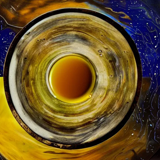 Image similar to olive oil and vinegar drizzled on a plate in the shape of the solar system, oil on canvas, intricate, 8k highly professionally detailed, HDR, CGsociety