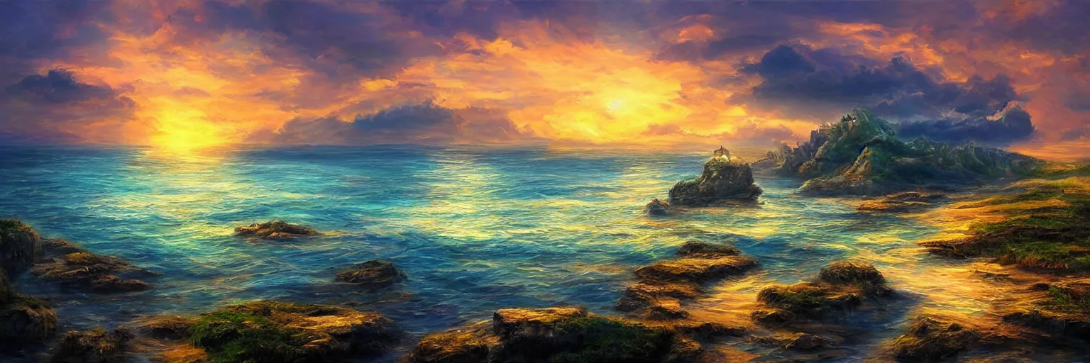 Image similar to idyllic fantasy landscape, sea coast, sunset