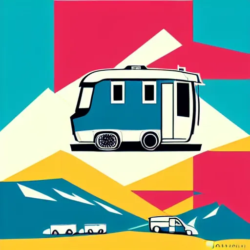 Prompt: minimal vector art sticker of a white and black cute thor chateau! motorhome camper!!, mountains, colorful sunset!!, thick lines, very minimal vector art, sticker!! by tom whalen